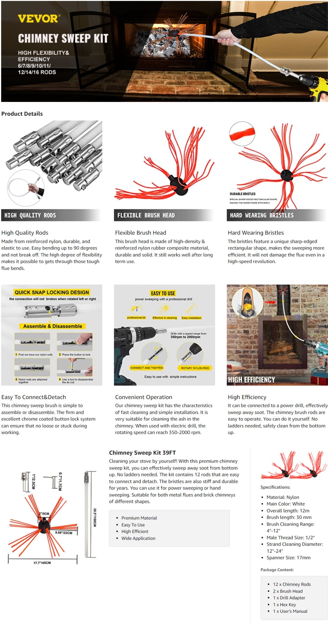 VEVOR Chimney Sweep Kit 39 ft. L Chimney Brush with 2 Brush Head Rotary
